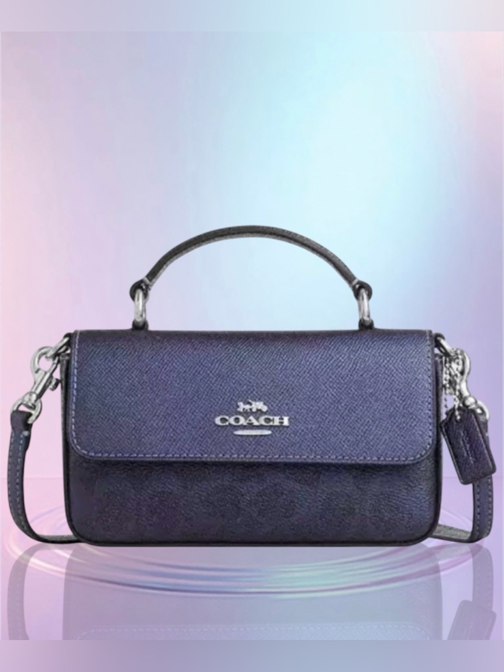 Coach Mini Josie Top Handle Bag In Signature coated canvas, Silver/Blue/Navy New